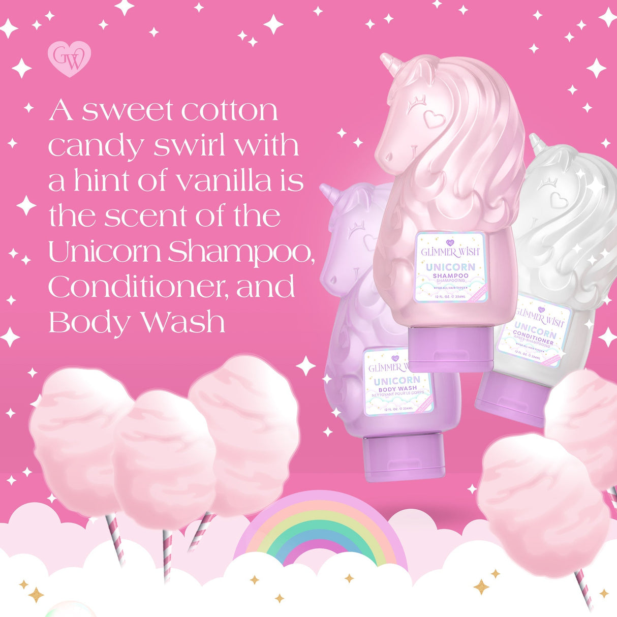Unicorn-themed shampoo, conditioner, and body wash with cotton candy swirls and vanilla scent on a pink background.