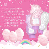 Unicorn-themed shampoo, conditioner, and body wash with cotton candy swirls and vanilla scent on a pink background.