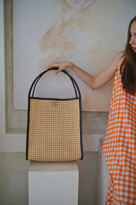 Viviana Oversized Cane and Leather Tote in Dark Brown