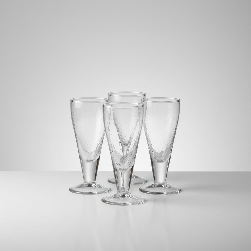 Set of four clear glass flutes on a light gray background