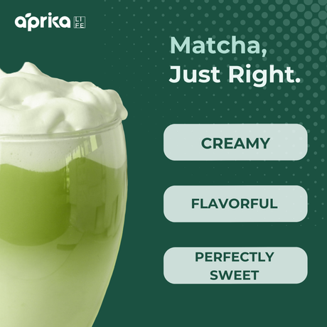A glass of frothy latte made with Ceremonial Grade Matcha Latte Powder Mix with Natural Vanilla Flavor, topped with text: "Matcha, Just Right. Creamy, Flavorful, Perfectly Sweet.