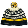 Knitted beanie with black, white, and yellow pattern on a white background