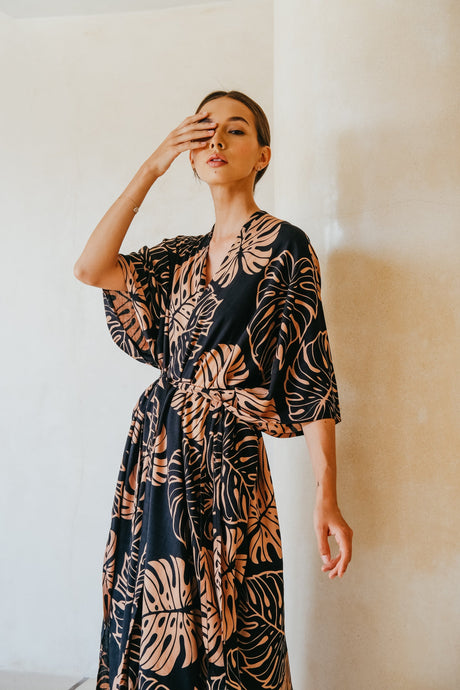 Tropical Palm Leaf Kimono in Black - Sumiye Co