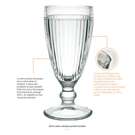 The La Rochere Antillaise Ice Cream Cup Set of 6 features clear pressed soda-lime glass with vertical lines, highlighting its durability and making it ideal for yogurt parfaits or classic ice cream sundaes.