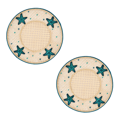 Two round woven placemats with starfish designs on a white background