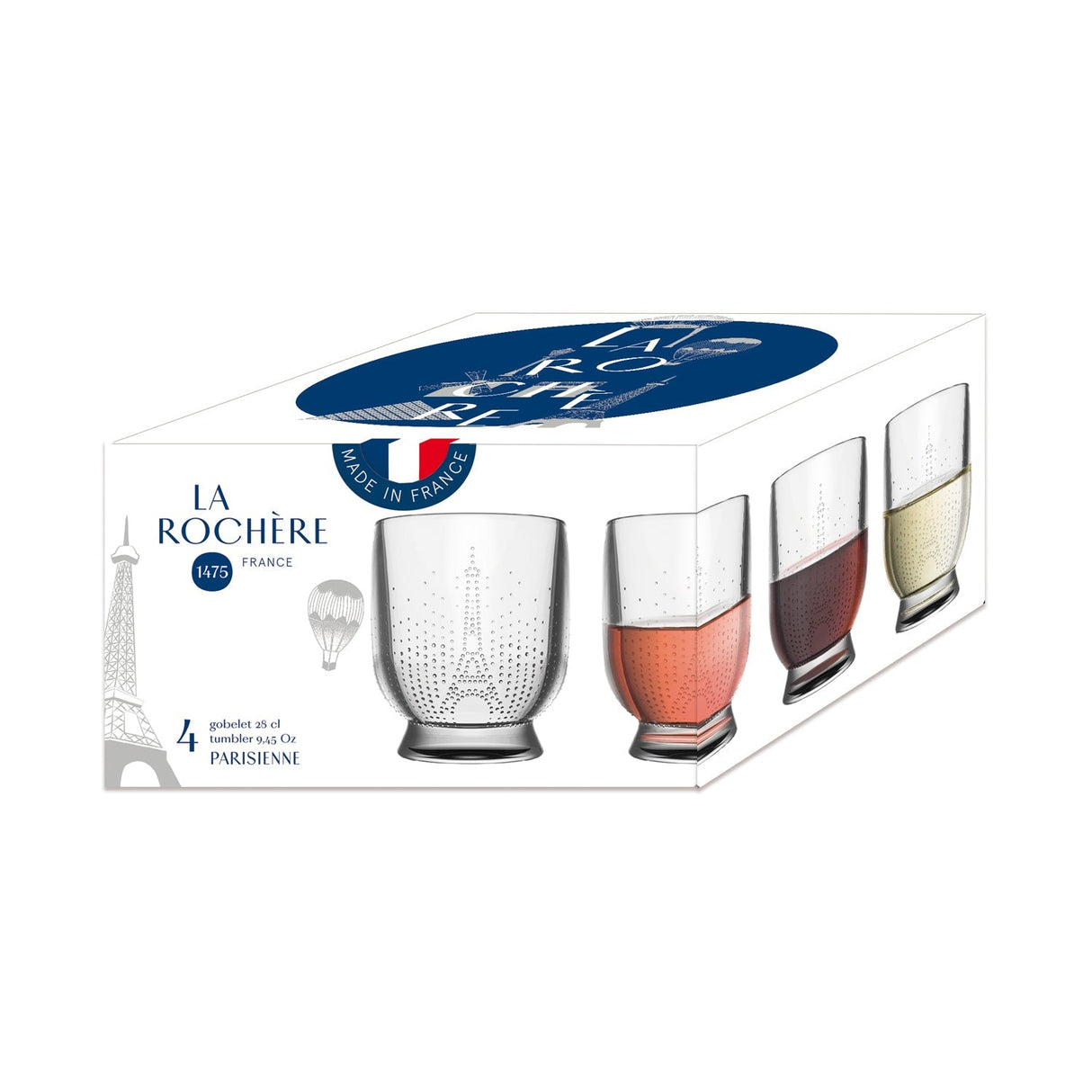 The La Rochere Parisienne Tumbler Set of 4 features decorated glasses with an Eiffel Tower design, capturing French elegance—ideal for serving spirits and cocktails. The tumblers are shown filled with drinks.