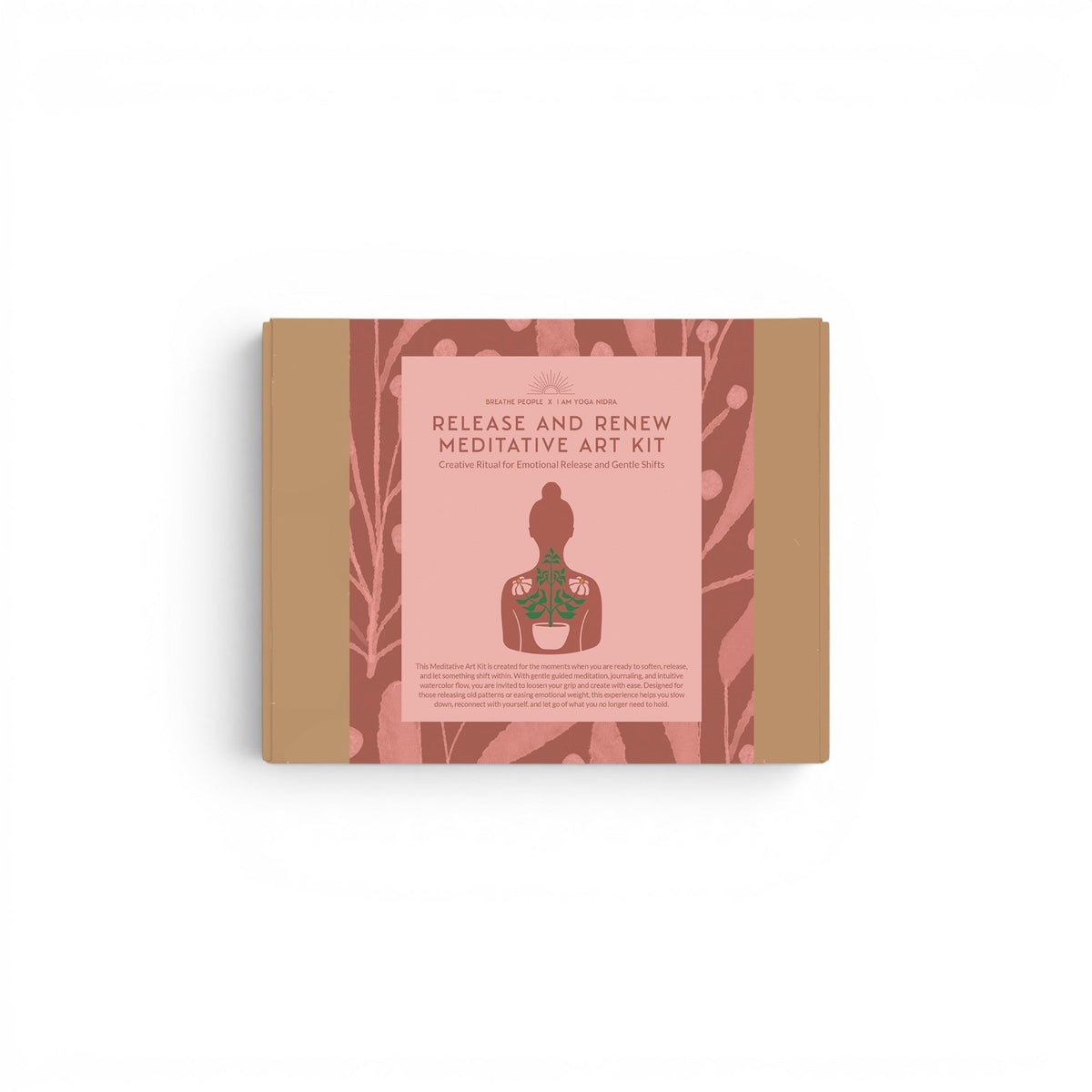 Meditative art kit packaging with a silhouette of a person and nature elements on a white background
