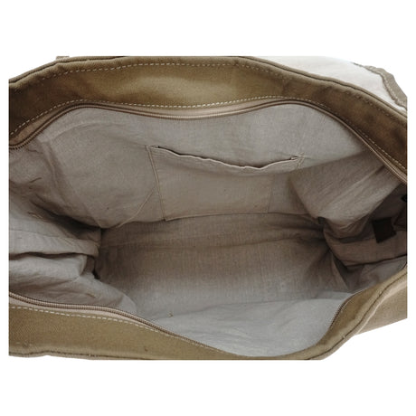 Brown leather bag with visible wear and tear on a white background
