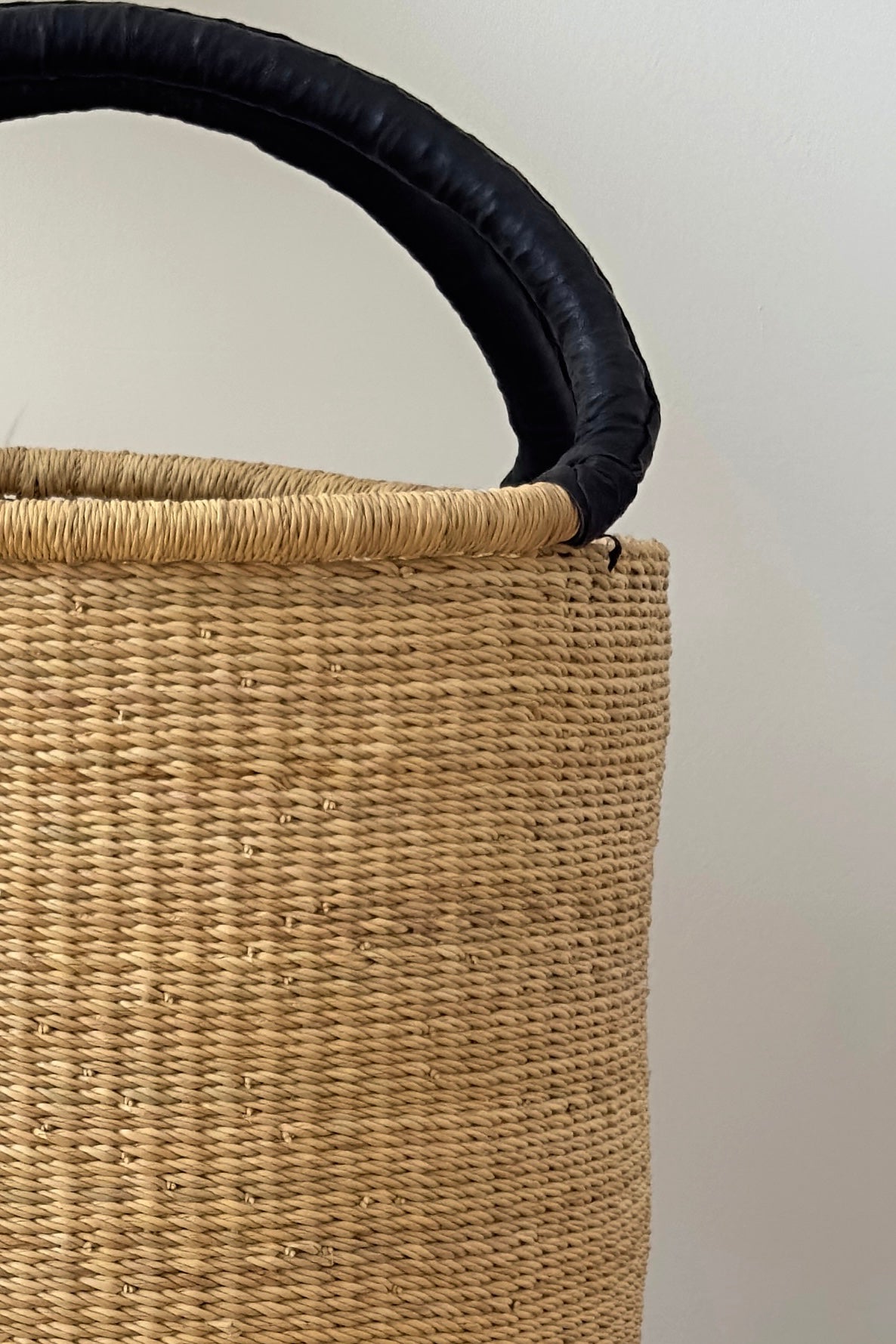 Handwoven Double Weave Hamper Basket with Black Leather Handles