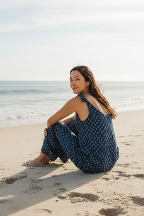 Woman sitting on the beach wearing a blue patterned outfit.