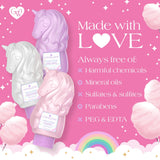 Unicorn-shaped bath bombs on a pink background with text about product ingredients.