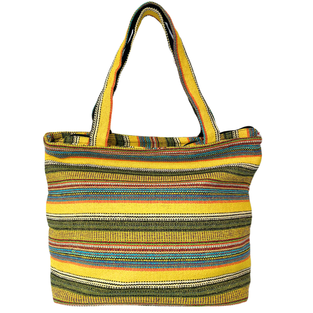 Multicolored striped tote bag on a white background