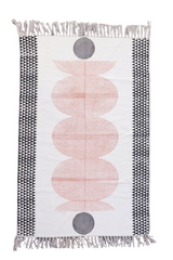 Woven mat with pink circular patterns and black border on a white background