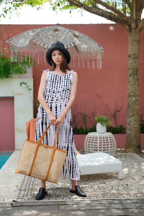 Brianna Large Woven Rattan and Leather Tote Large size in Tan - Sumiye Co
