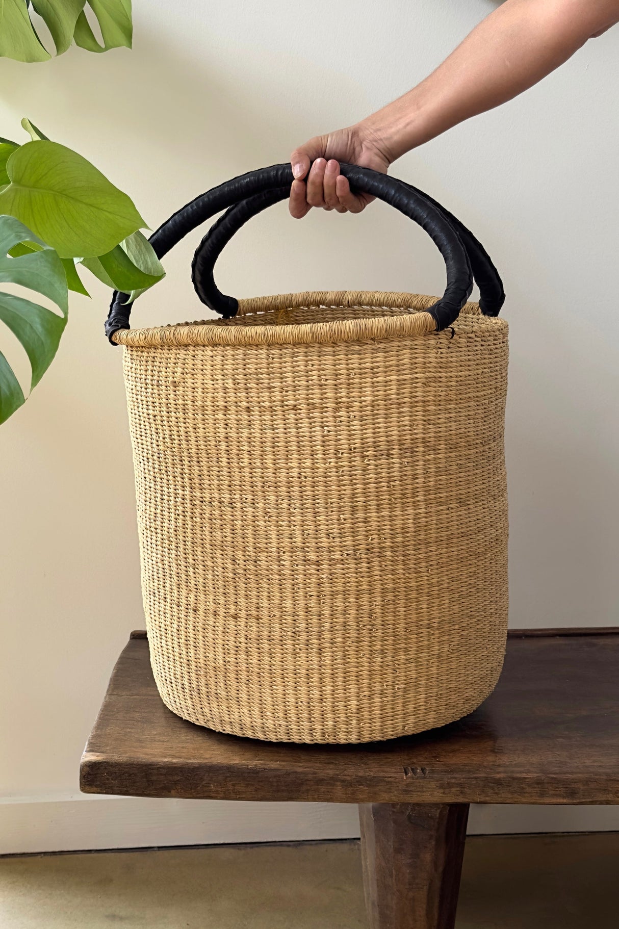 Handwoven Double Weave Hamper Basket with Black Leather Handles