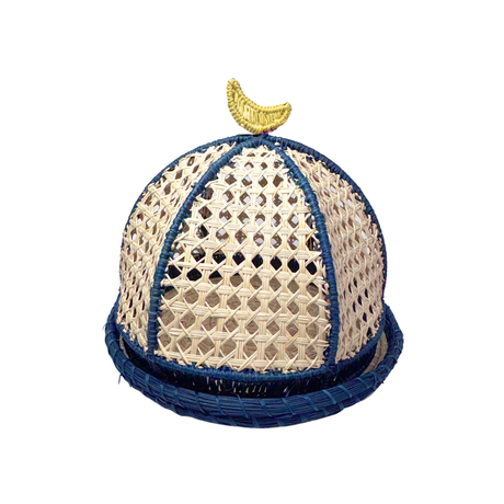 Woven bread basket  with blue rim and gold crescent moon on a white background