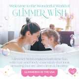 Woman and child in a bath with bubbles, promoting Glimmer Wish products.