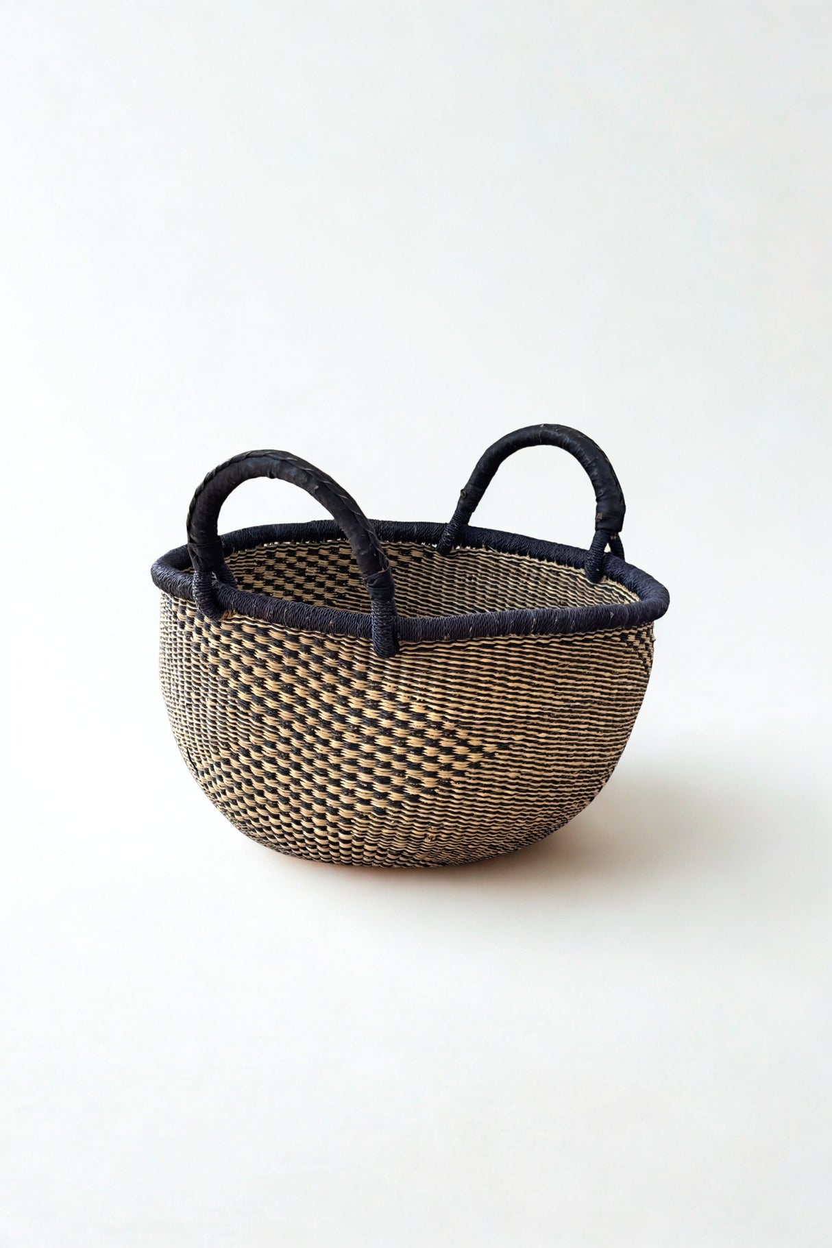 Handwoven Natural & Black Checkerboard Bolga Basket - Large Round