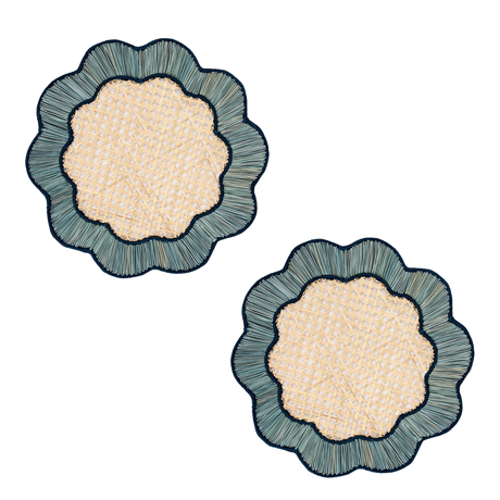 Two decorative placemats with textured surface and blue rim on a white background