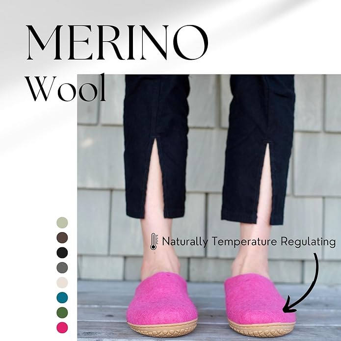 Person wearing pink slip-on shoes with 'Merino Wool' text and color swatches on a light background.