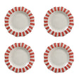 Four ceramic plates with red and white striped rims on a white background