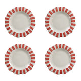 Four ceramic plates with red and white striped rims on a white background