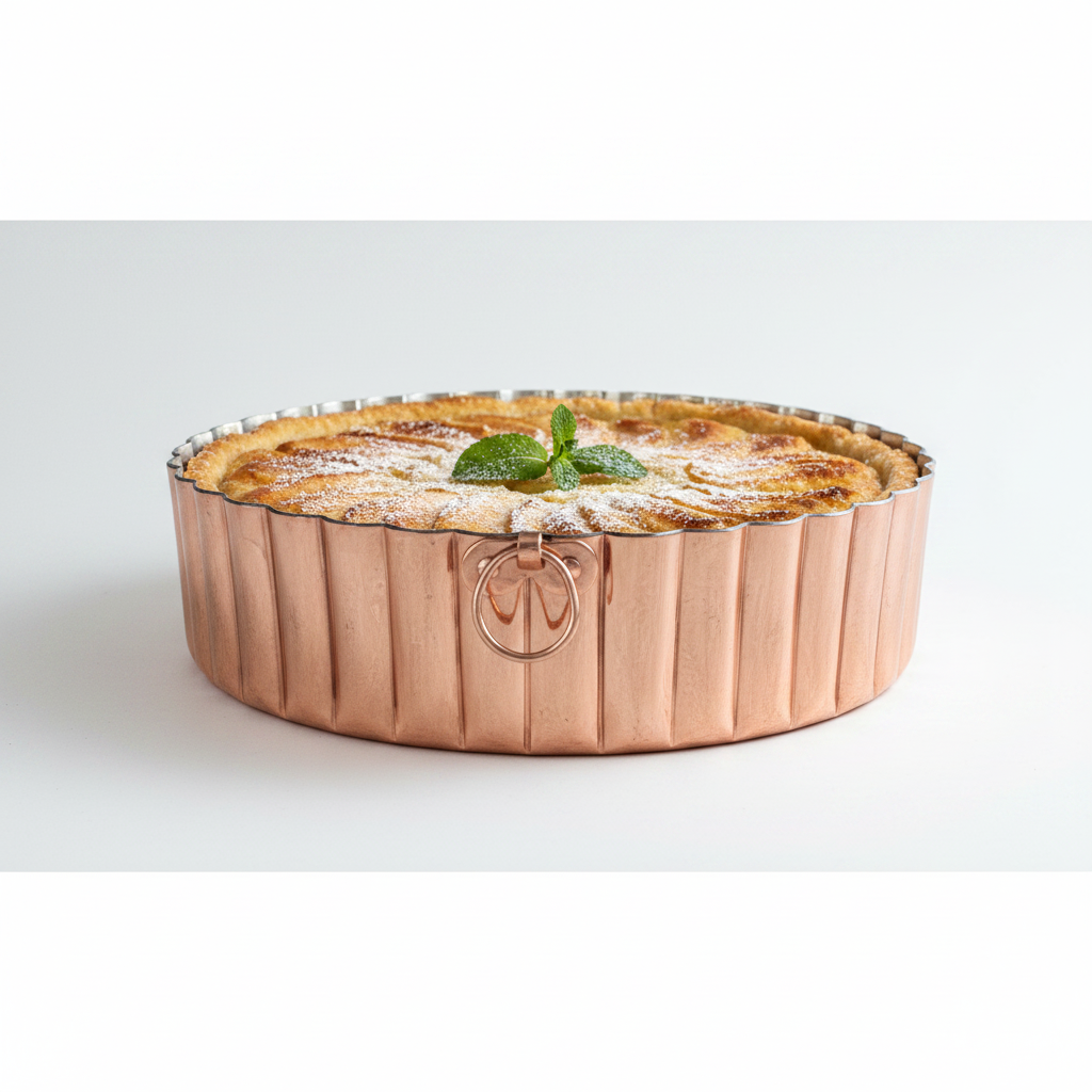 Copper pie dish with a baked pie on a white background