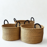Handwoven Hamper with Leather Handles - Natural - Small