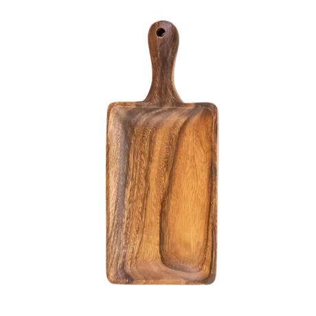 Wooden cutting board with handle on a white background