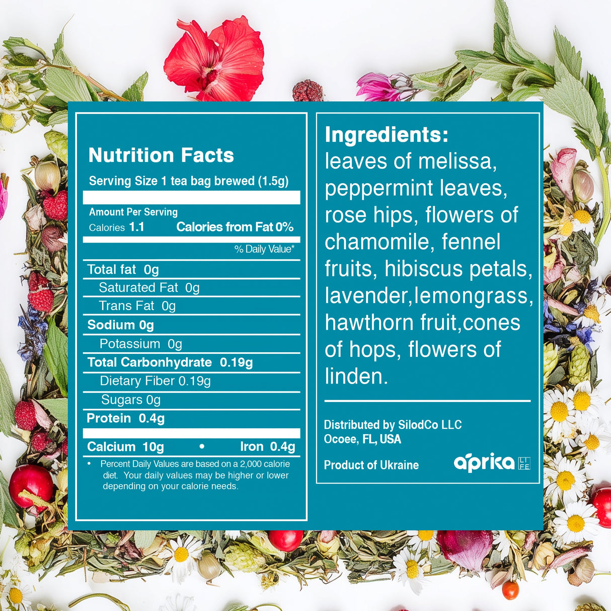 Tea packaging with nutrition facts and ingredients list, surrounded by floral and herbal elements.