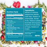 Tea packaging with nutrition facts and ingredients list, surrounded by floral and herbal elements.