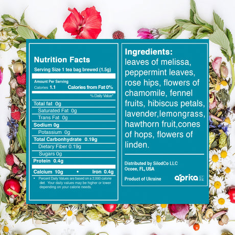 Tea packaging with nutrition facts and ingredients list, surrounded by floral and herbal elements.