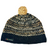 Black and gold knitted beanie with pom-pom on a white background