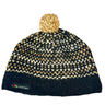 Black and gold knitted beanie with pom-pom on a white background