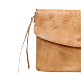 Brown leather clutch bag on a white background