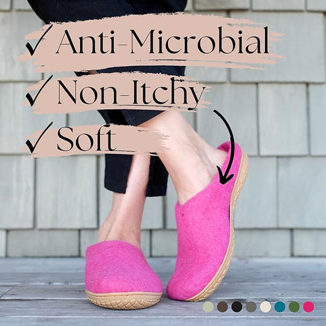 Person wearing pink shoes with text highlighting anti-microbial, non-itchy, and soft features.