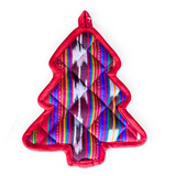 Tree-shaped hot pad with colorful striped pattern on a white background