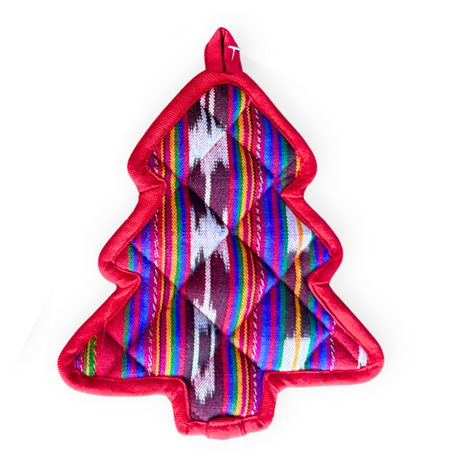 Tree-shaped hot pad with colorful striped pattern on a white background