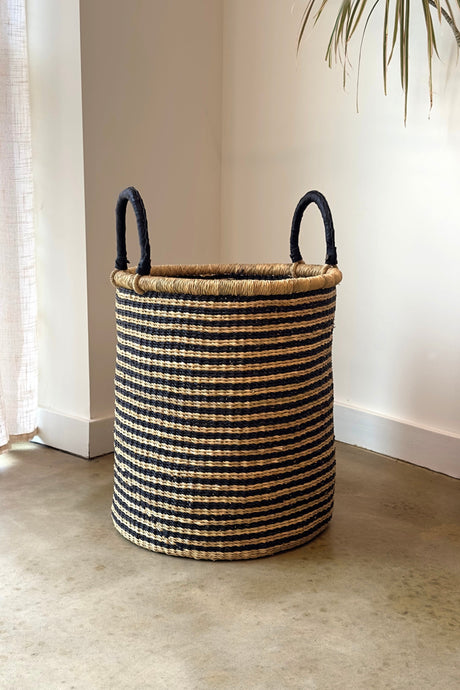 S/2 Handwoven Hamper - Natural with Black Stripes - Sumiye Co