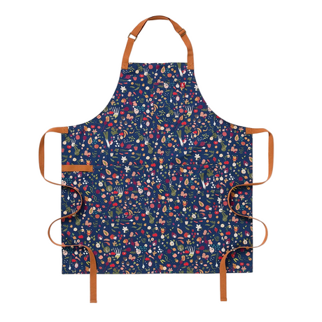 Floral-patterned apron with brown straps on a white background