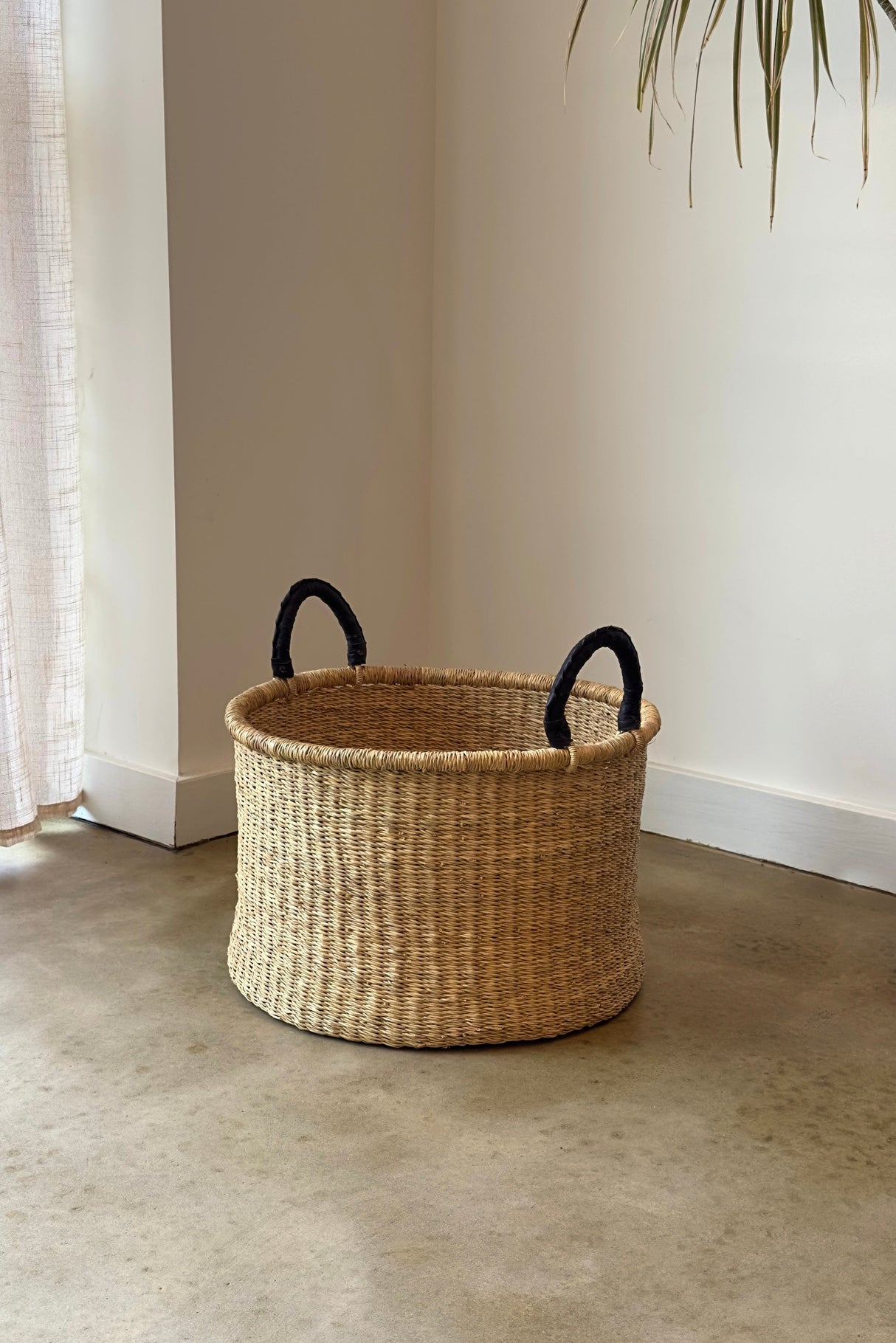 Handwoven Hamper with Leather Handles - Natural - Small - Sumiye Co