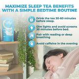 Sleep tea packaging with a person sleeping and bedtime routine tips on a blue background