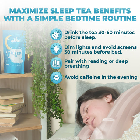 Sleep tea packaging with a person sleeping and bedtime routine tips on a blue background