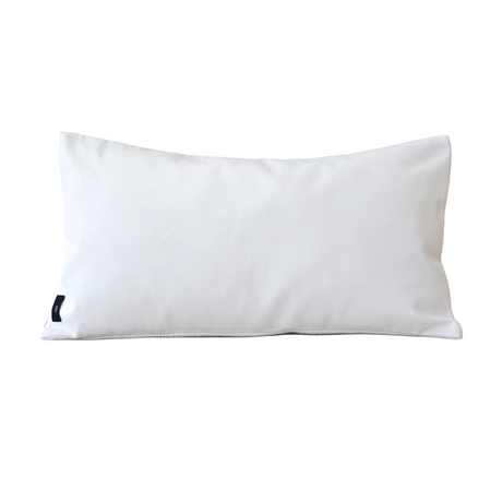 White pillow with a black logo on a white background