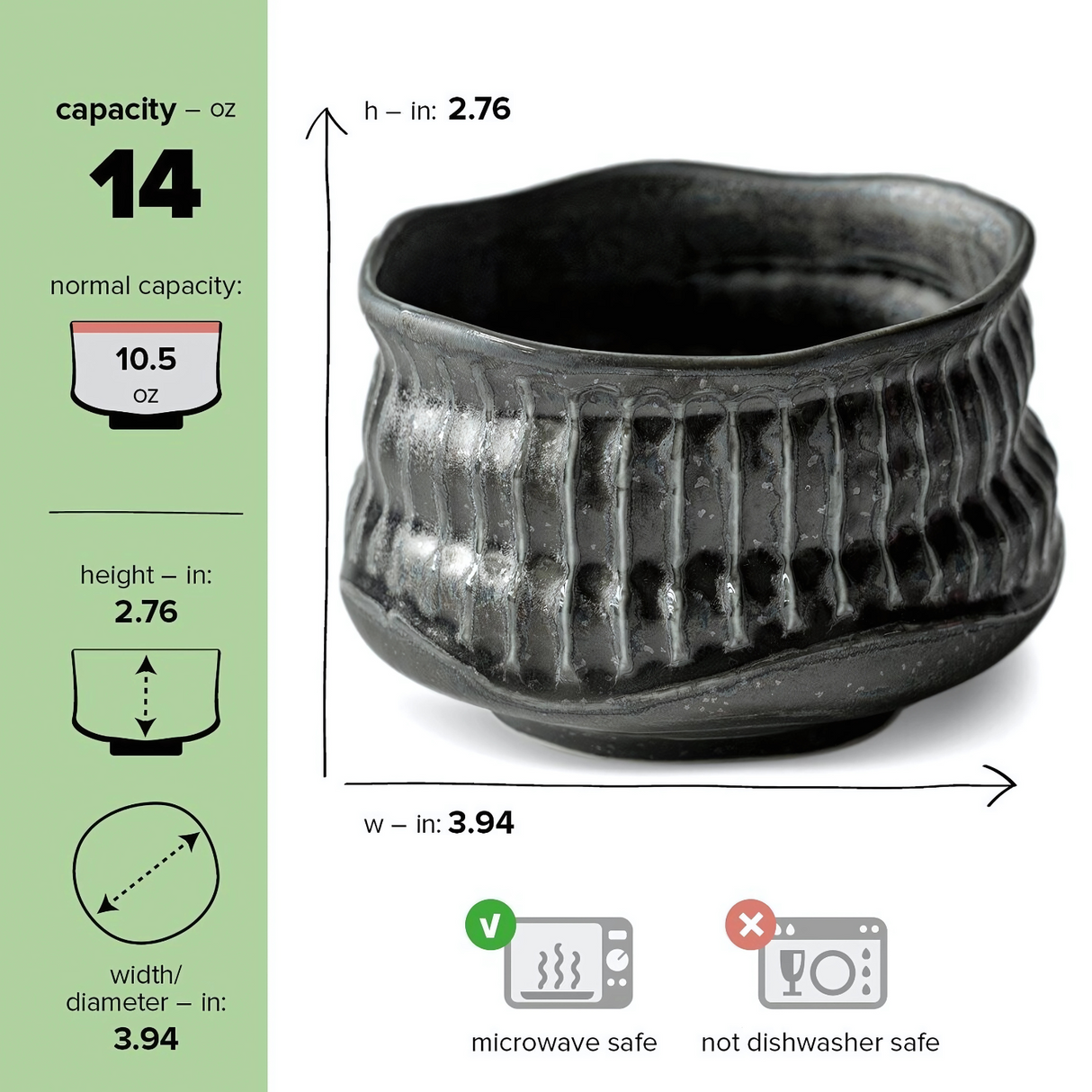 The Black Ceramic Meisen Matcha Bowl, a Minoyaki pottery piece, has a ribbed texture and holds 14 oz. It measures 2.76" high and 3.94" wide, is microwave safe but not dishwasher safe—ideal for traditional tea rituals.