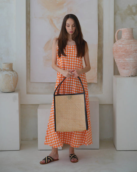 Viviana Oversized Cane and Leather Tote in Dark Brown - Sumiye Co