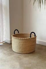 Handwoven Hamper with Leather Handles - Natural - Medium - Sumiye Co