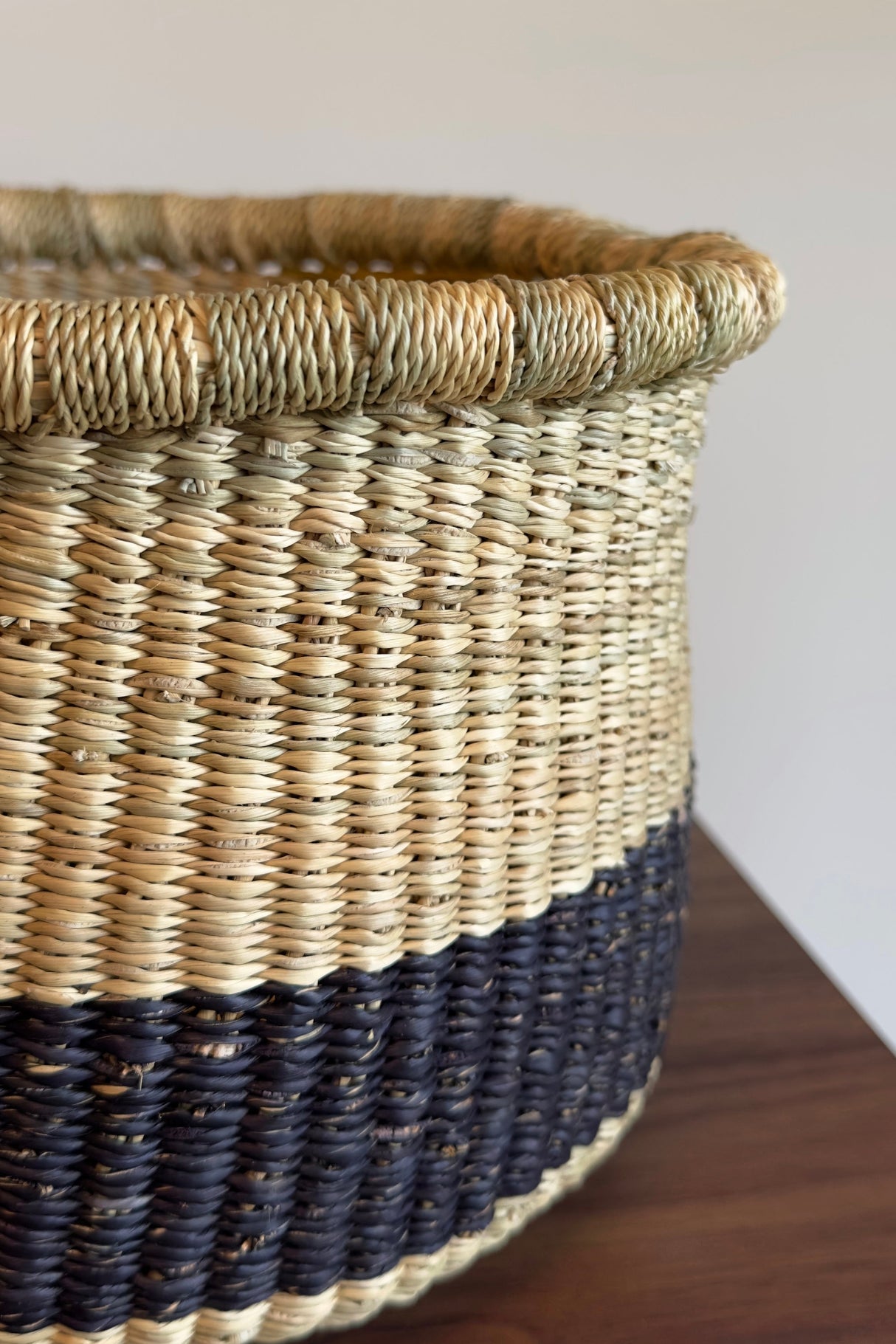 Handwoven Natural and Black Planter Basket
