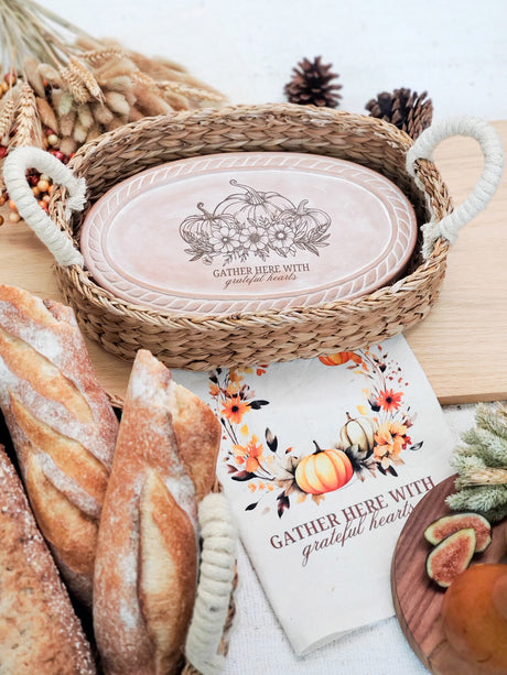 Bread Warmer & Basket Gift Set with Tea Towel - Pumpkin Oval-2