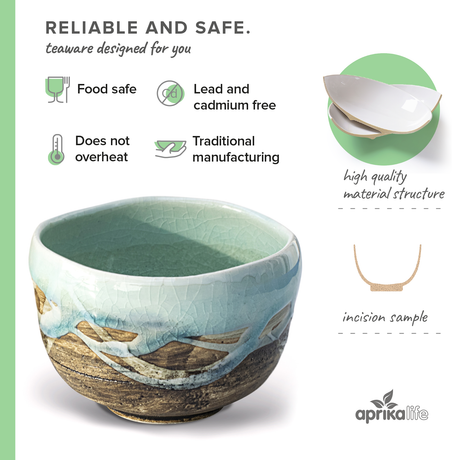 This Japanese Matcha Tea Bowl features a blue glaze with a nature design, made using Minoyaki pottery techniques. Food safe and lead-free, it embodies traditional craftsmanship and is perfect for any enthusiast seeking timeless elegance.